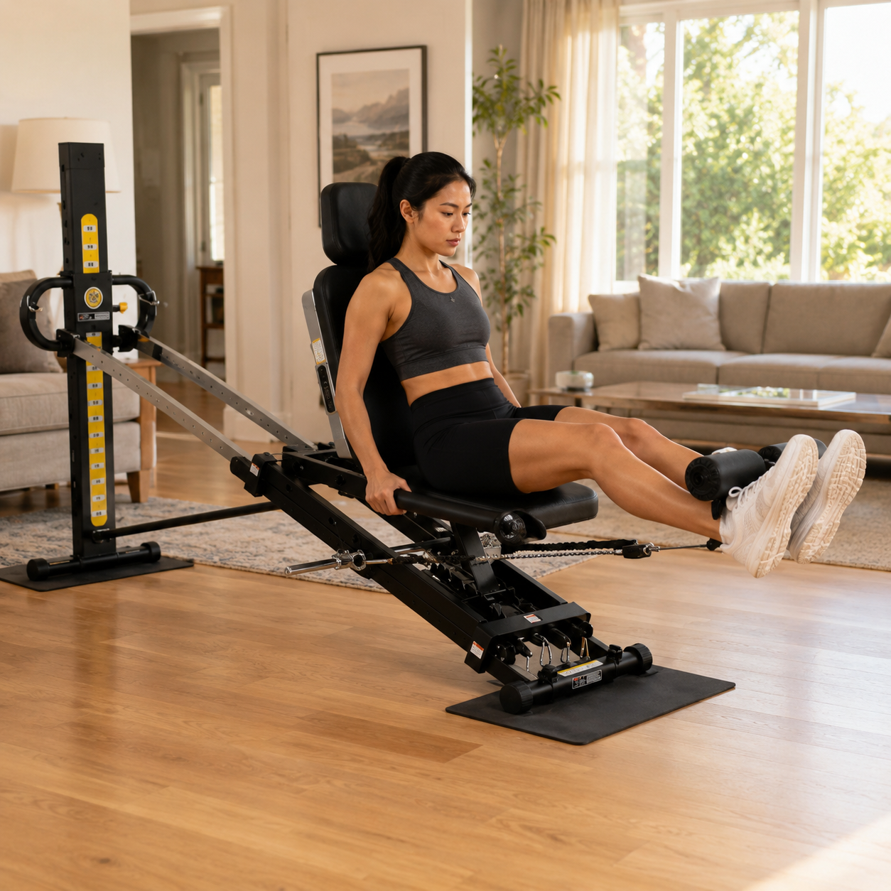 Sit-up leg hold-down attachment in use